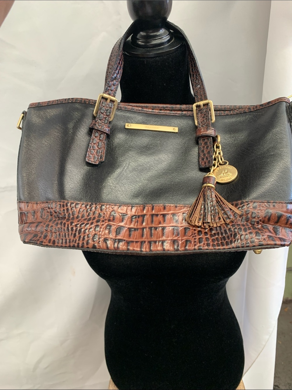 Brahmin Black Leather Tote with Brown Croc-Embossed Trim and Tassel